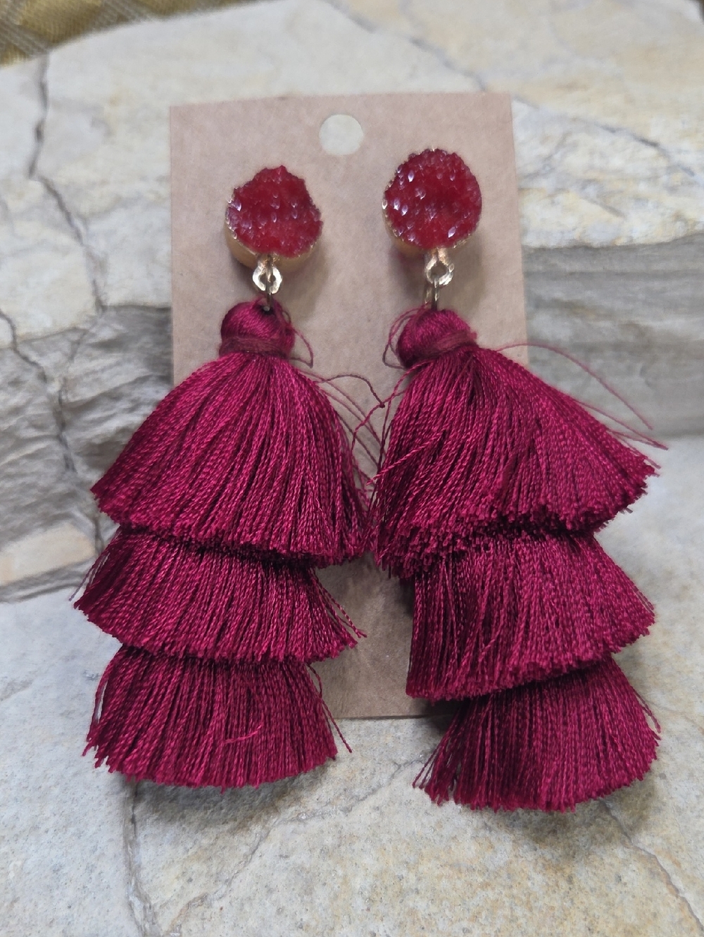 Women Jewelry - Burgundy Tiered Tassel Earrings